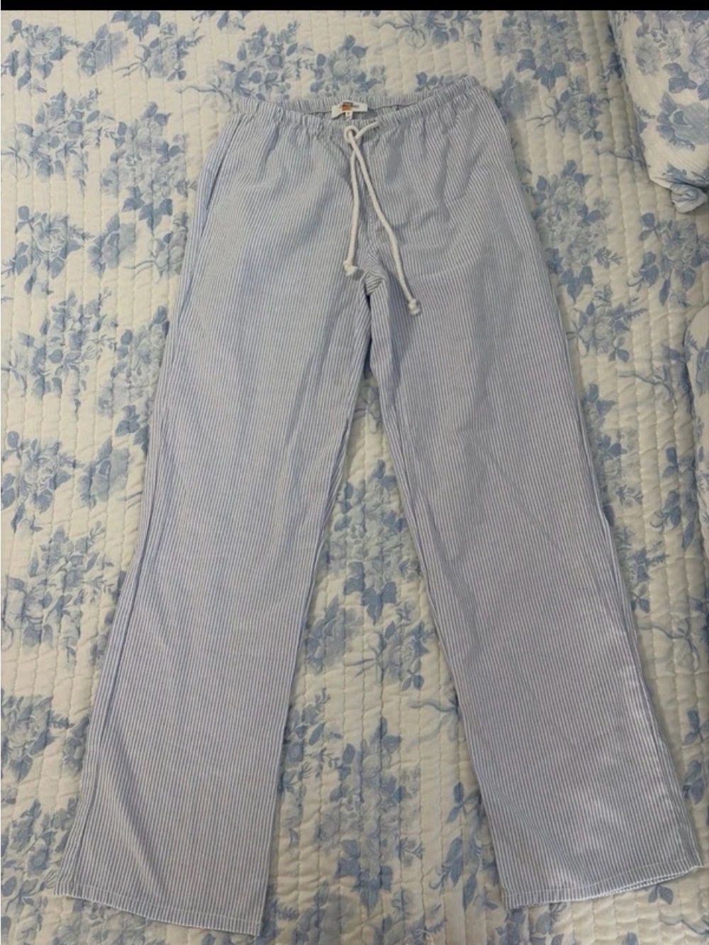 Women’s Light Blue Striped Wide-Leg Drawstring Pants